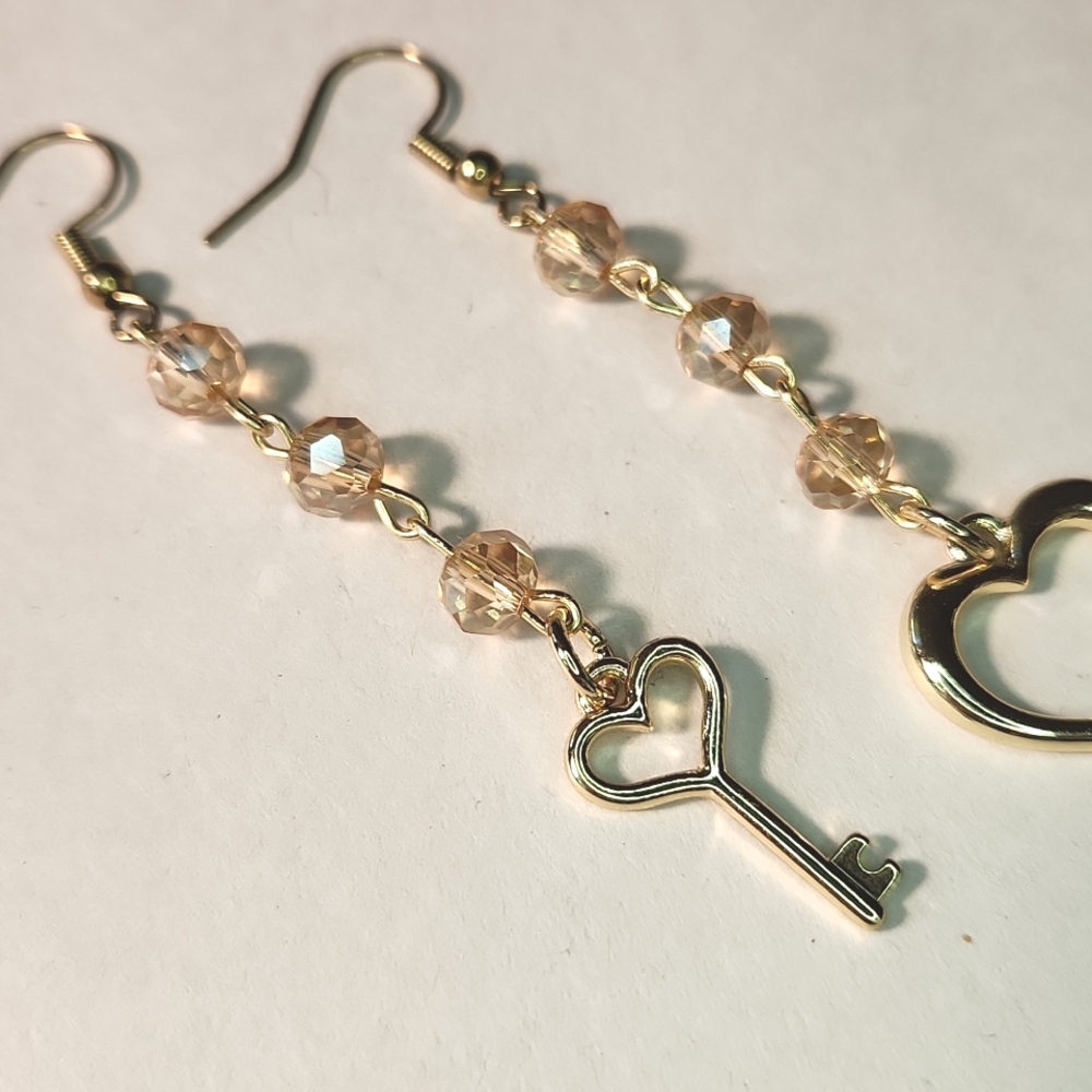 Handmade Key to My Heart Dangle Earrings 14k Gold Plated - Picture 5 of 7